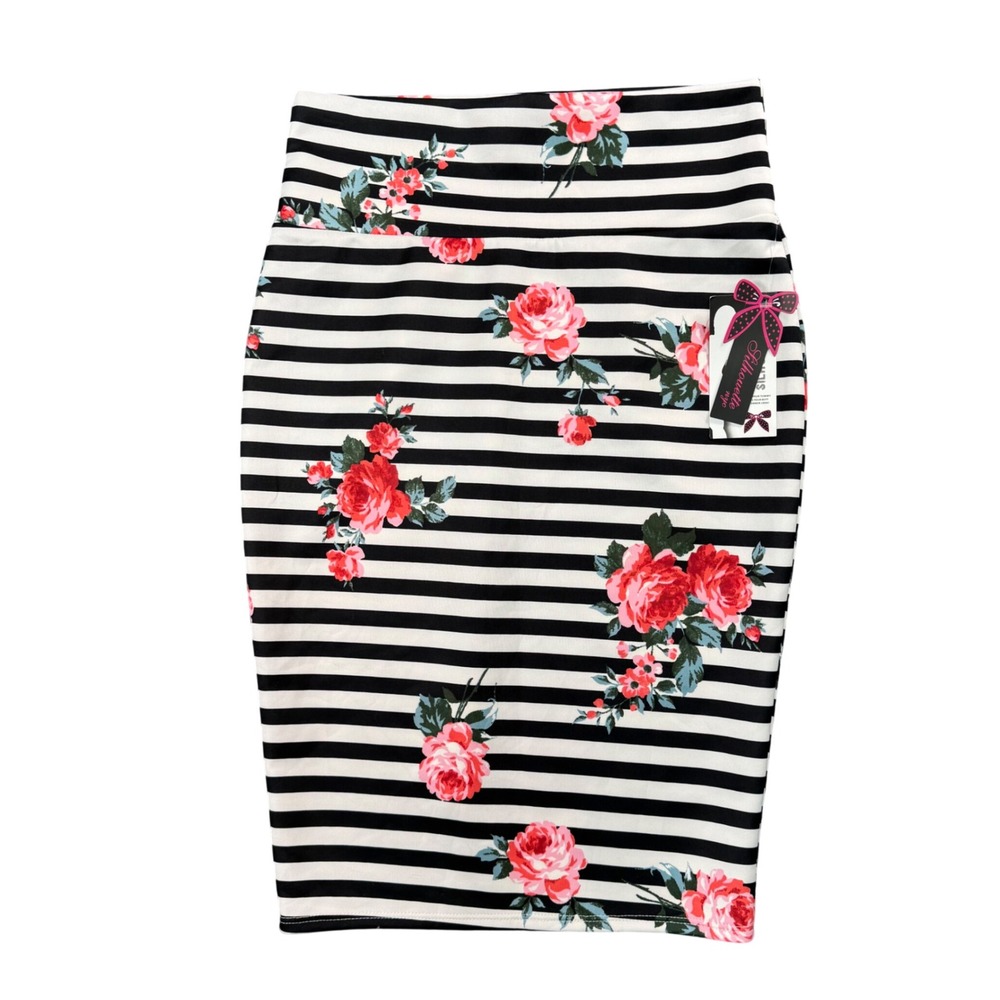 Silhouette NYC Pencil Skirt Black White Stripe Rose Floral Knee Length XL NWT